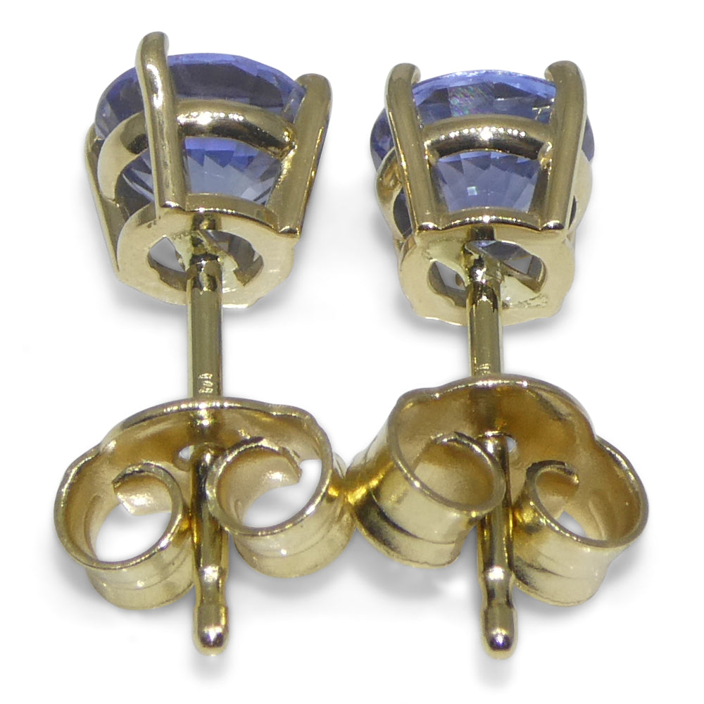 1.10ct Pair Round Blue Sapphire Stud Earrings set in 14k Yellow Gold