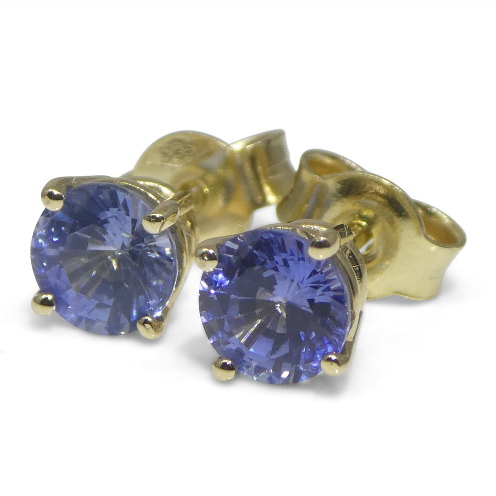 1.10ct Pair Round Blue Sapphire Stud Earrings set in 14k Yellow Gold