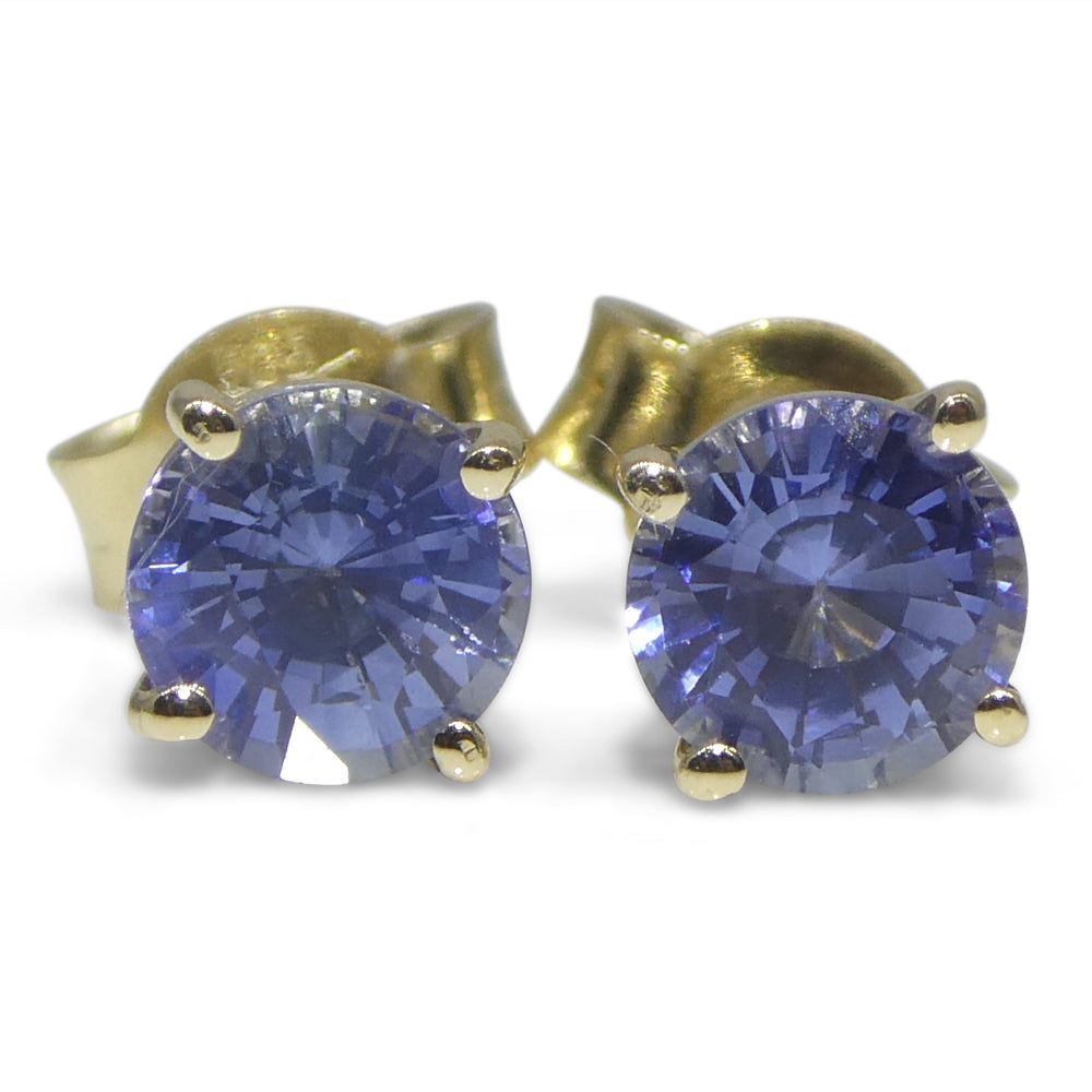 1.10ct Pair Round Blue Sapphire Stud Earrings set in 14k Yellow Gold