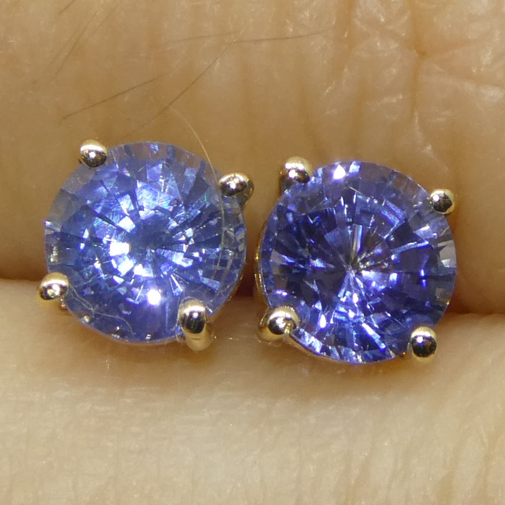 1.10ct Pair Round Blue Sapphire Stud Earrings set in 14k Yellow Gold