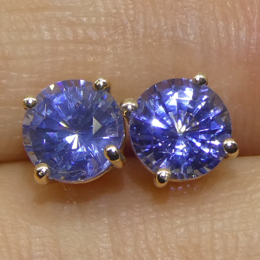 1.10ct Pair Round Blue Sapphire Stud Earrings set in 14k Yellow Gold