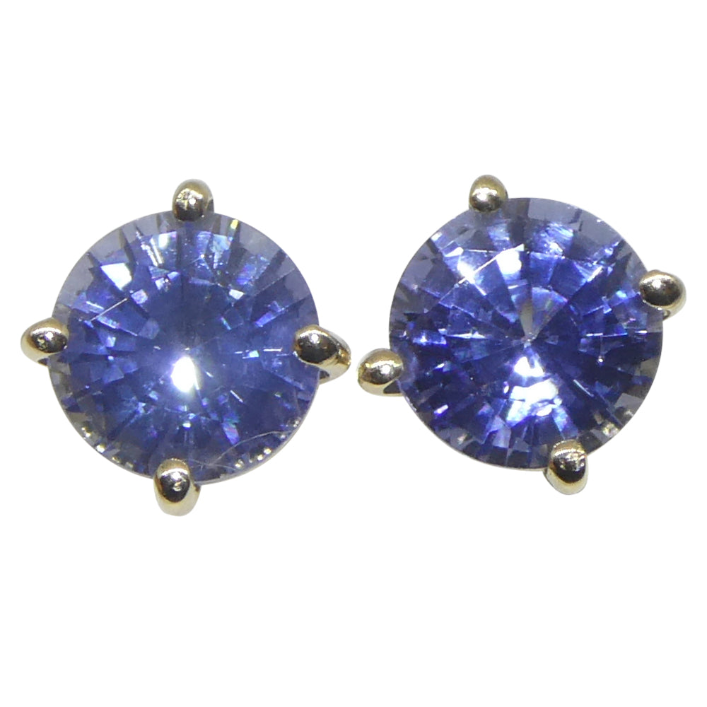 1.10ct Pair Round Blue Sapphire Stud Earrings set in 14k Yellow Gold