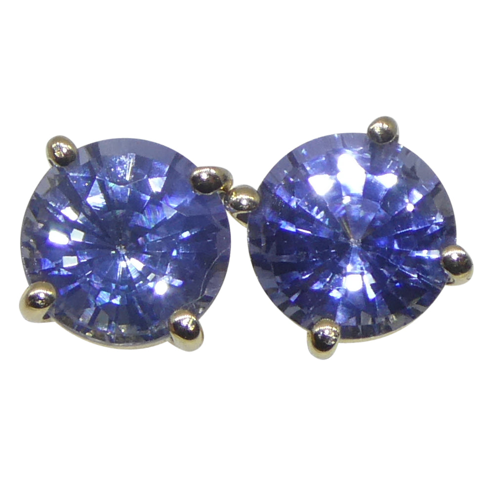 1.10ct Pair Round Blue Sapphire Stud Earrings set in 14k Yellow Gold