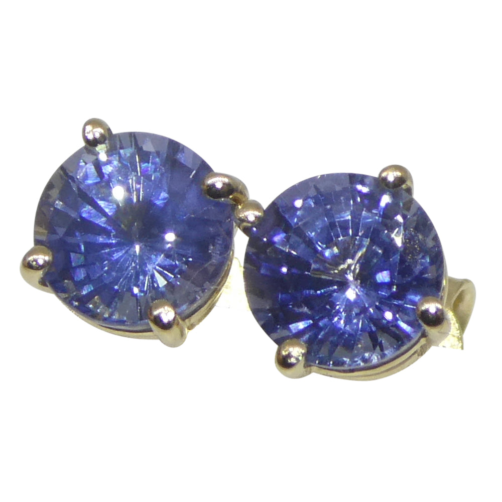 1.10ct Pair Round Blue Sapphire Stud Earrings set in 14k Yellow Gold