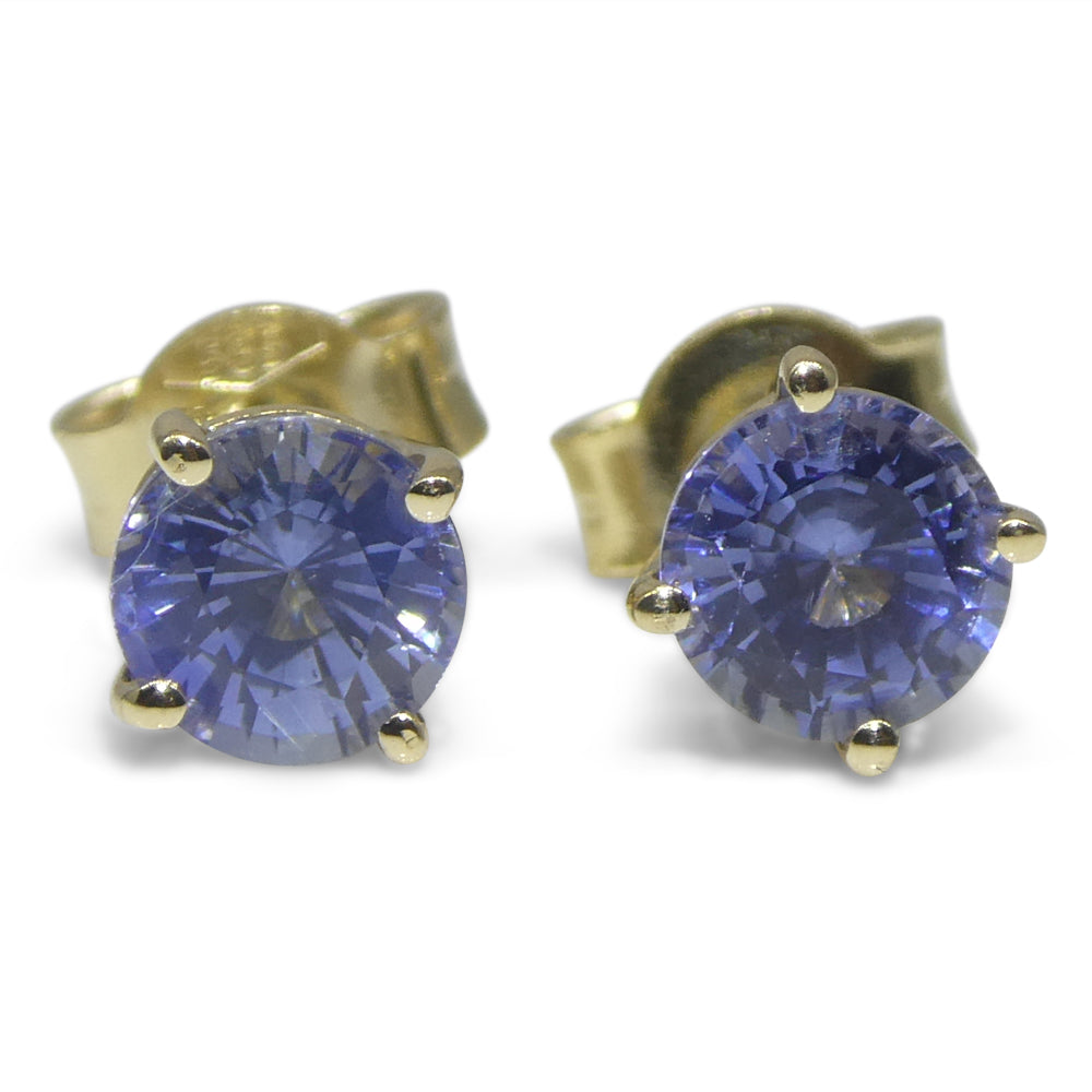 1.10ct Pair Round Blue Sapphire Stud Earrings set in 14k Yellow Gold