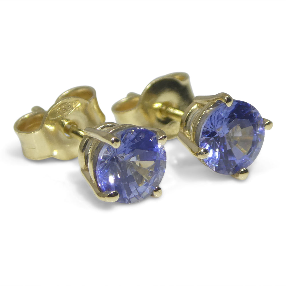 1.10ct Pair Round Blue Sapphire Stud Earrings set in 14k Yellow Gold