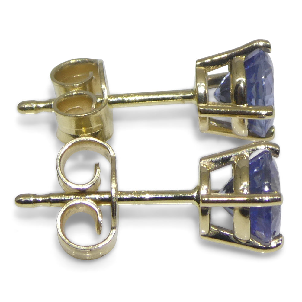 1.10ct Pair Round Blue Sapphire Stud Earrings set in 14k Yellow Gold