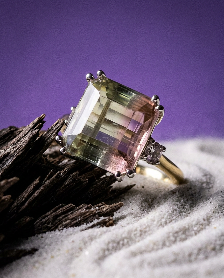 7.85ct Pink and Green Brazilian Bi-Colour Tourmaline Diamond Ring in 14k Yellow Gold by SkyJems