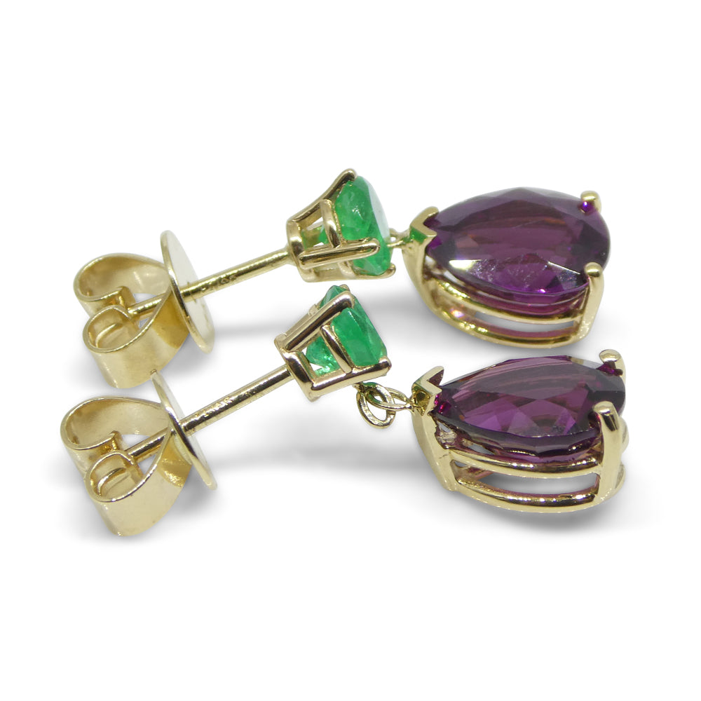 3.41ct Rhodolite Garnet & Emerald Earrings set in 14k Yellow Gold - Skyjems Wholesale Gemstones