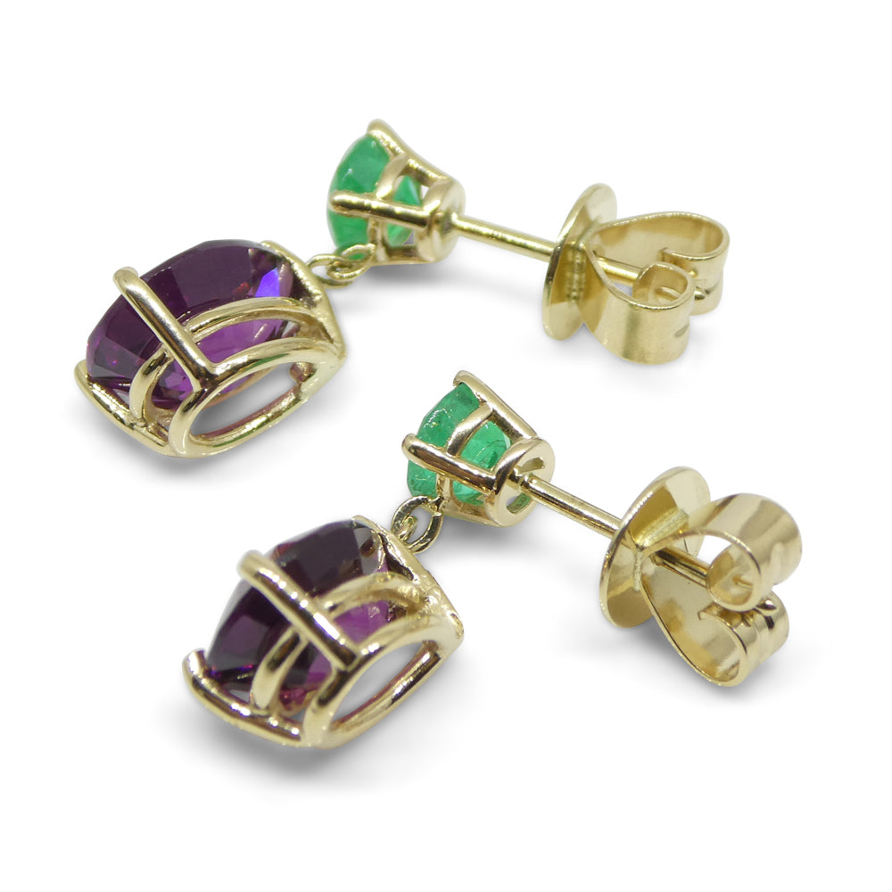 3.41ct Rhodolite Garnet & Emerald Earrings set in 14k Yellow Gold - Skyjems Wholesale Gemstones