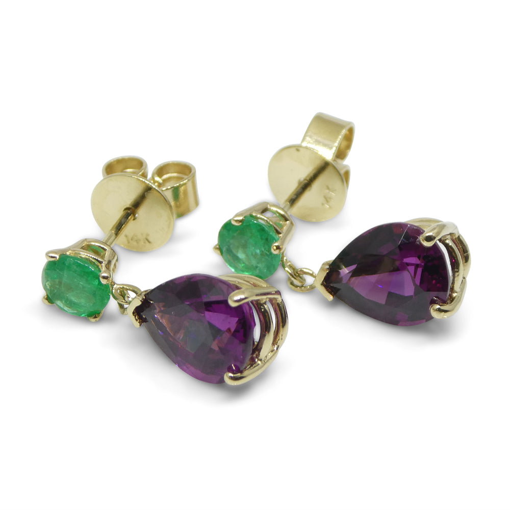 3.41ct Rhodolite Garnet & Emerald Earrings set in 14k Yellow Gold - Skyjems Wholesale Gemstones