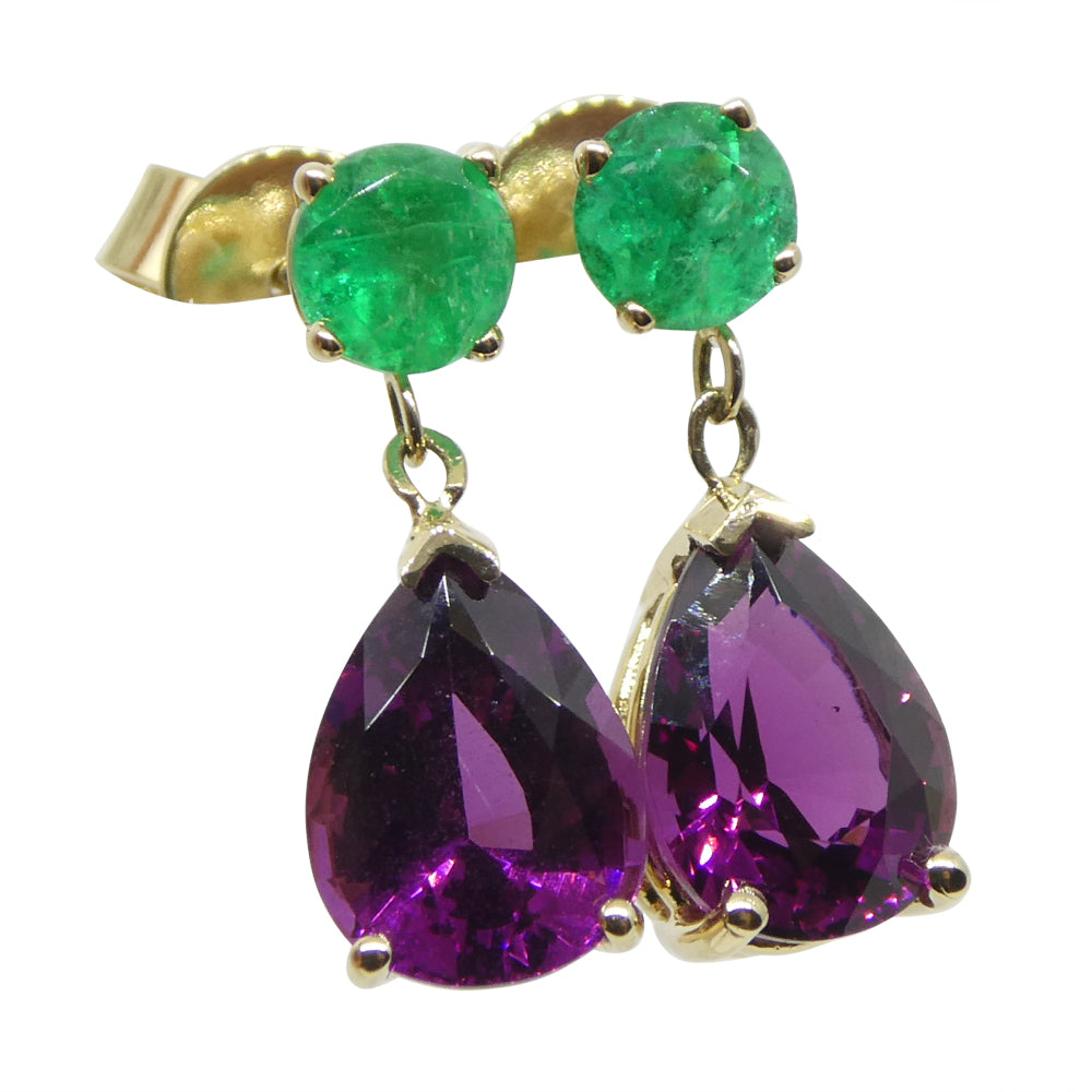 3.41ct Rhodolite Garnet & Emerald Earrings set in 14k Yellow Gold - Skyjems Wholesale Gemstones