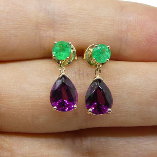 3.41ct Rhodolite Garnet & Emerald Earrings set in 14k Yellow Gold - Skyjems Wholesale Gemstones