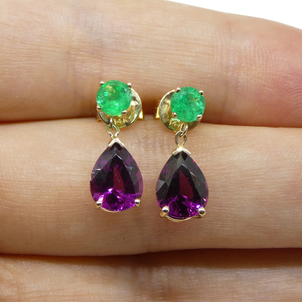 3.41ct Rhodolite Garnet & Emerald Earrings set in 14k Yellow Gold - Skyjems Wholesale Gemstones