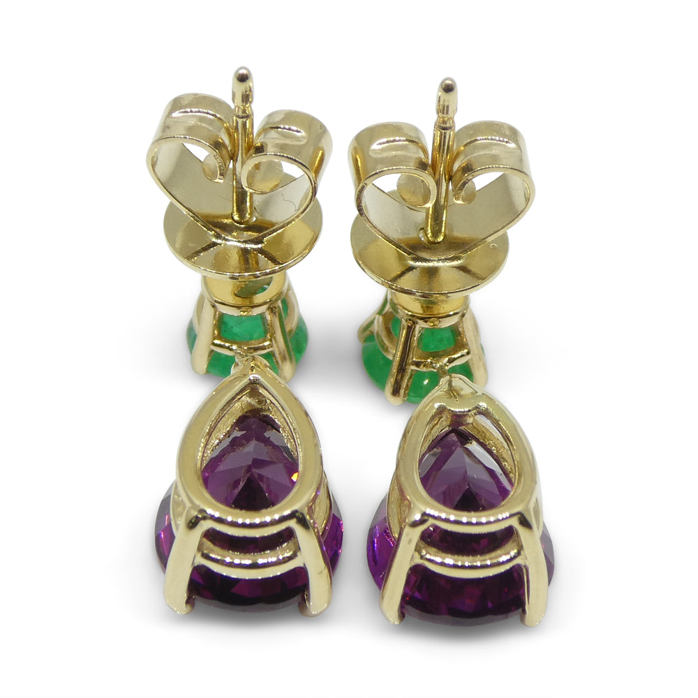 3.41ct Rhodolite Garnet & Emerald Earrings set in 14k Yellow Gold - Skyjems Wholesale Gemstones