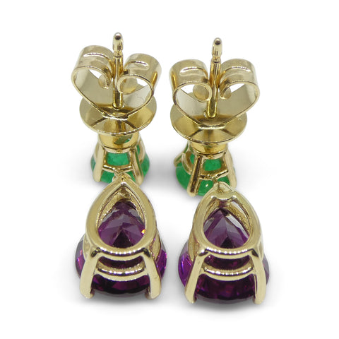 3.41ct Rhodolite Garnet & Emerald Earrings set in 14k Yellow Gold