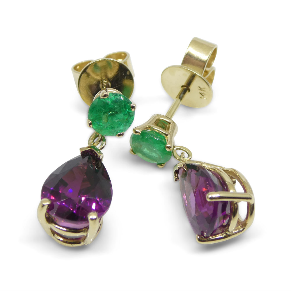 3.41ct Rhodolite Garnet & Emerald Earrings set in 14k Yellow Gold - Skyjems Wholesale Gemstones