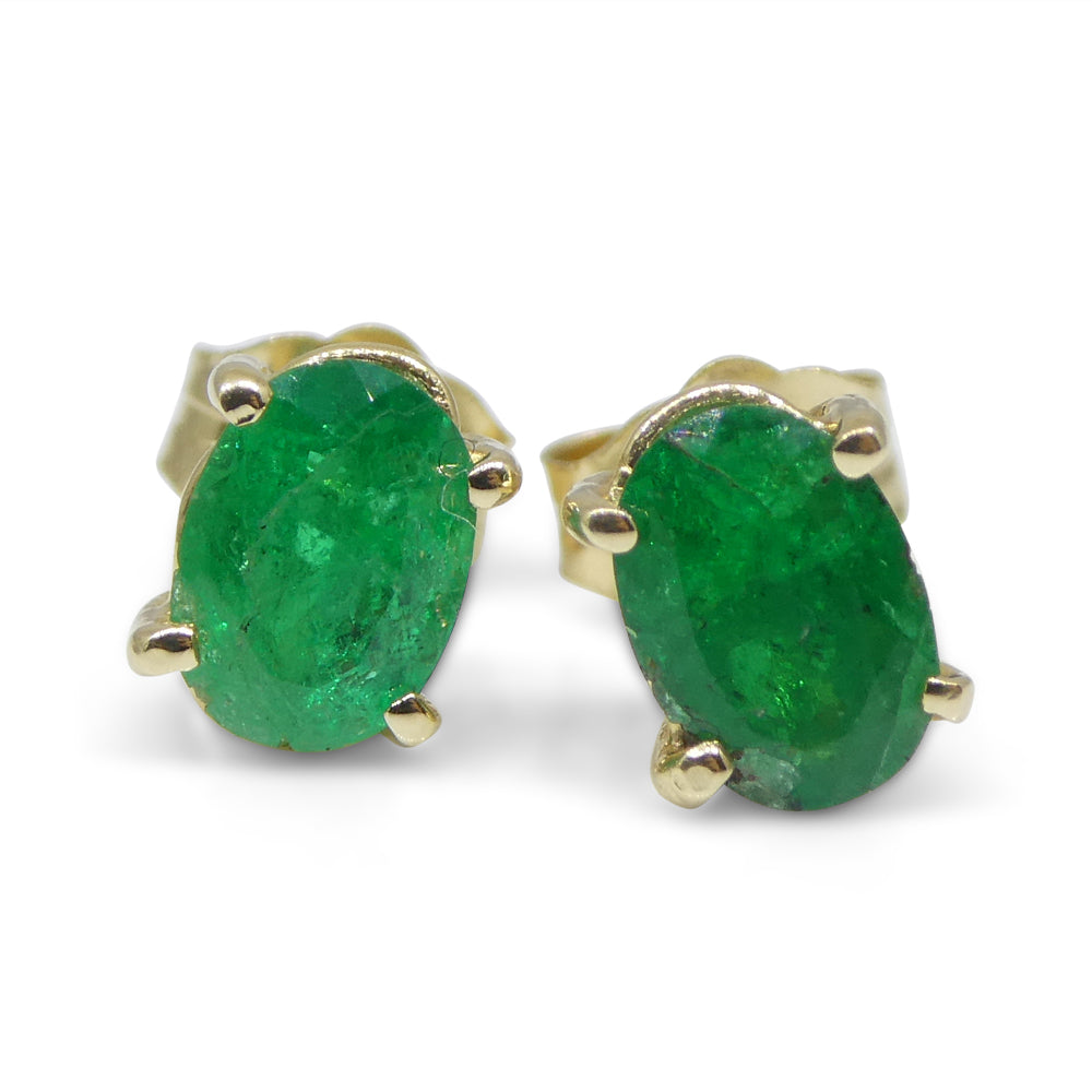 1.03ct Oval Green Colombian Emerald Stud Earrings set in 14k Yellow Gold - Skyjems Wholesale Gemstones