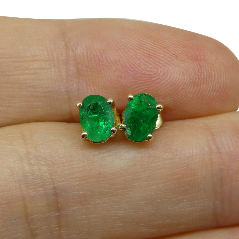 1.03ct Oval Green Colombian Emerald Stud Earrings set in 14k Yellow Gold - Skyjems Wholesale Gemstones