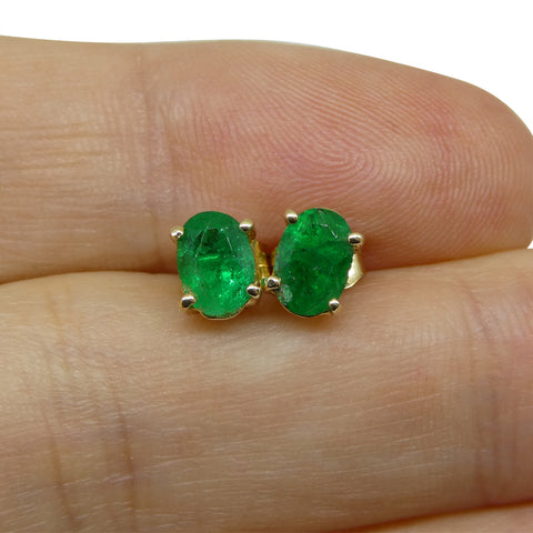 1.03ct Oval Green Colombian Emerald Stud Earrings set in 14k Yellow Gold