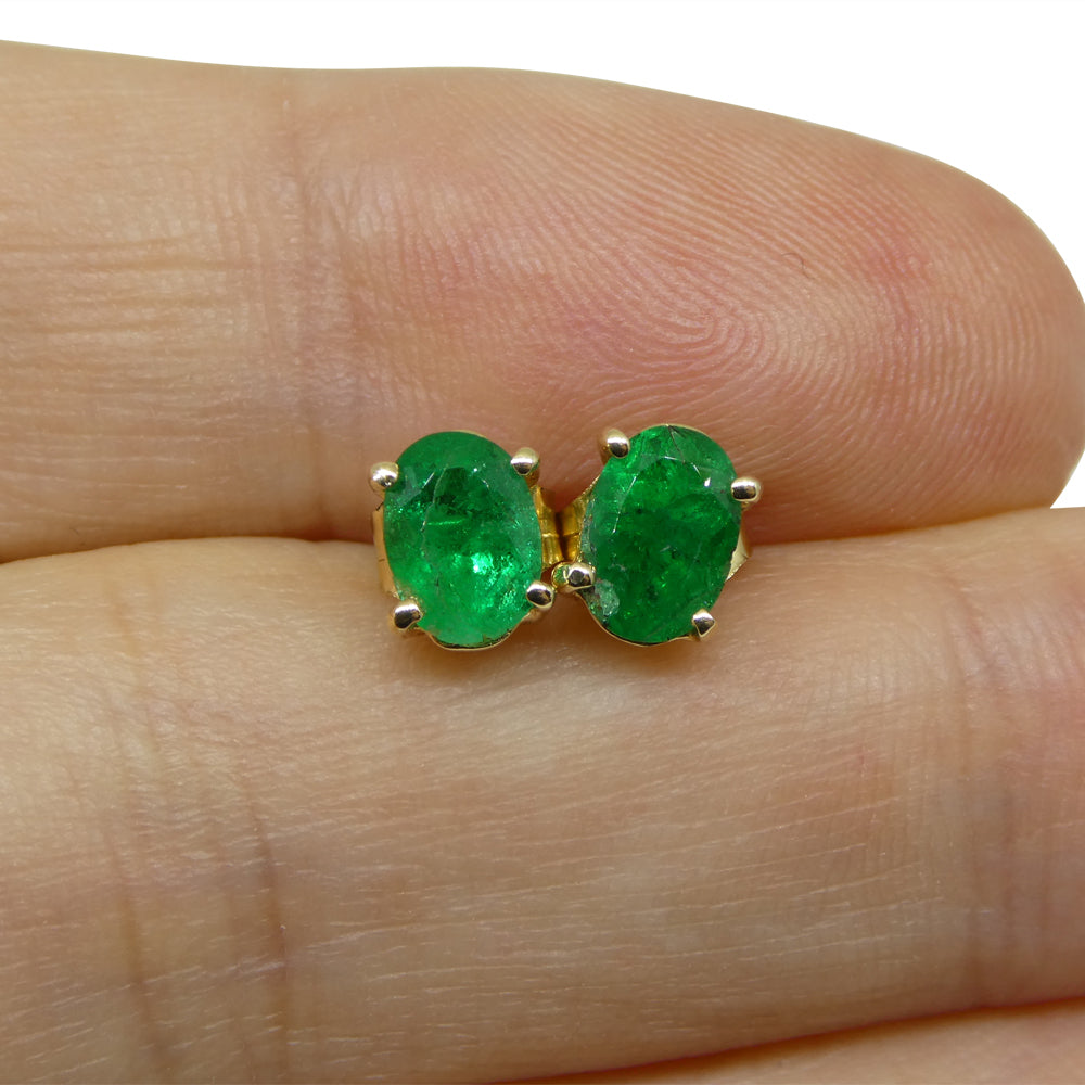 1.03ct Oval Green Colombian Emerald Stud Earrings set in 14k Yellow Gold - Skyjems Wholesale Gemstones