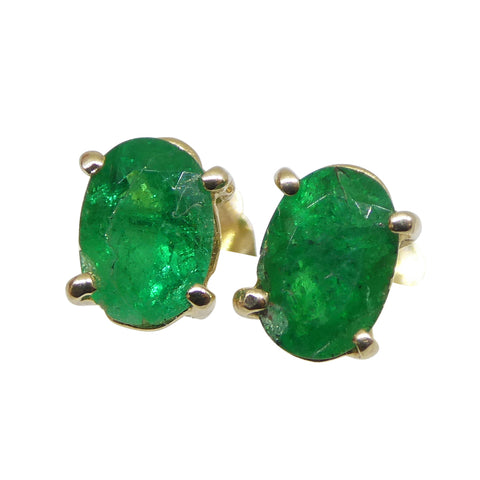 1.03ct Oval Green Colombian Emerald Stud Earrings set in 14k Yellow Gold