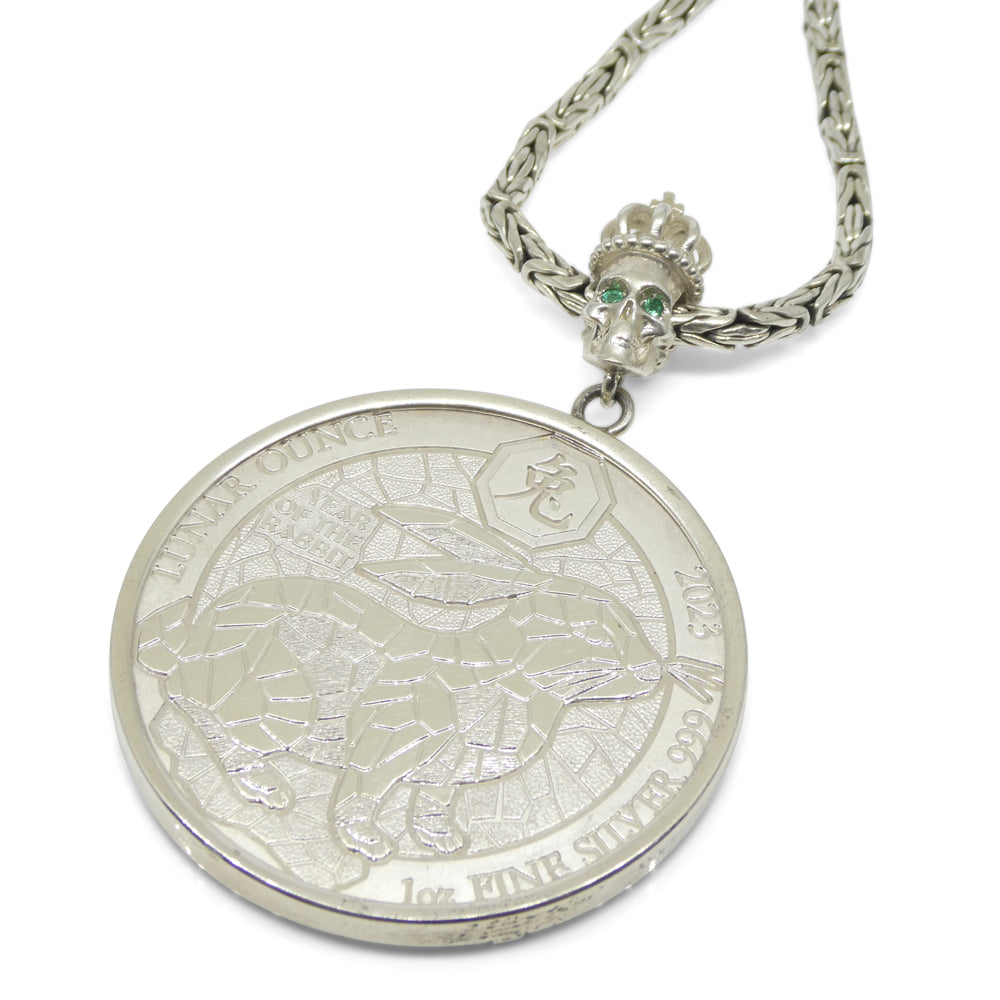 Year of the Rabbit Lunar Ounce Coin Necklace with Emeralds set in Sterling Silver - Skyjems Wholesale Gemstones