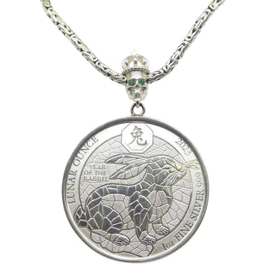 Year of the Rabbit Lunar Ounce Coin Necklace with Emeralds set in Sterling Silver - Skyjems Wholesale Gemstones