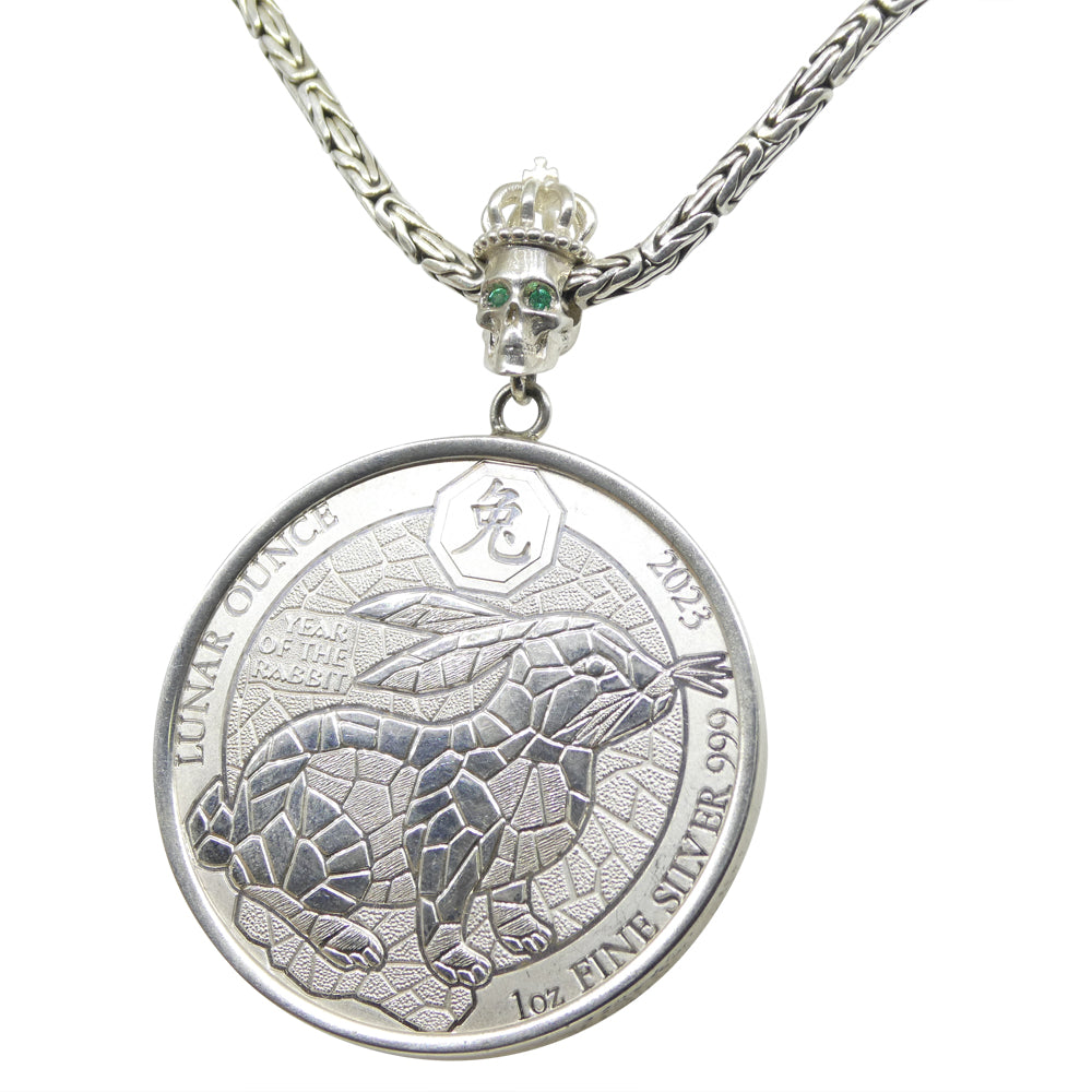 Year of the Rabbit Lunar Ounce Coin Necklace with Emeralds set in Sterling Silver - Skyjems Wholesale Gemstones