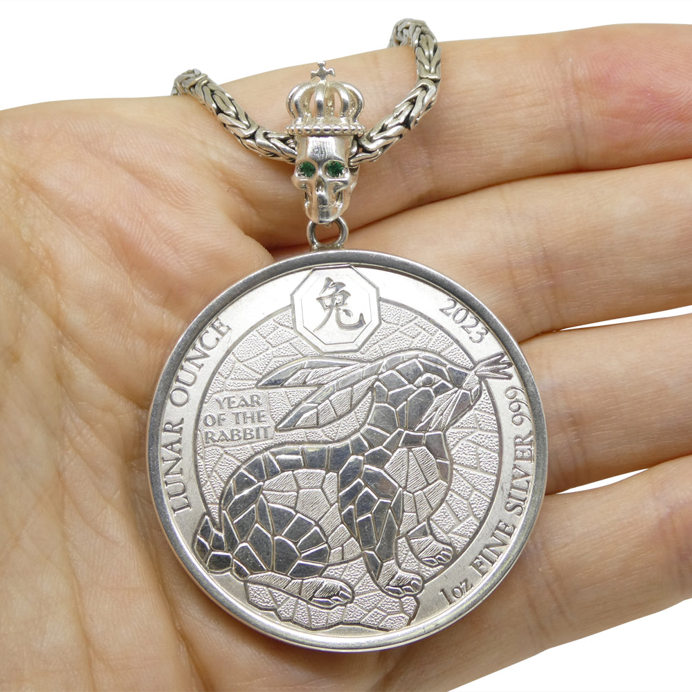 Year of the Rabbit Lunar Ounce Coin Necklace with Emeralds set in Sterling Silver - Skyjems Wholesale Gemstones