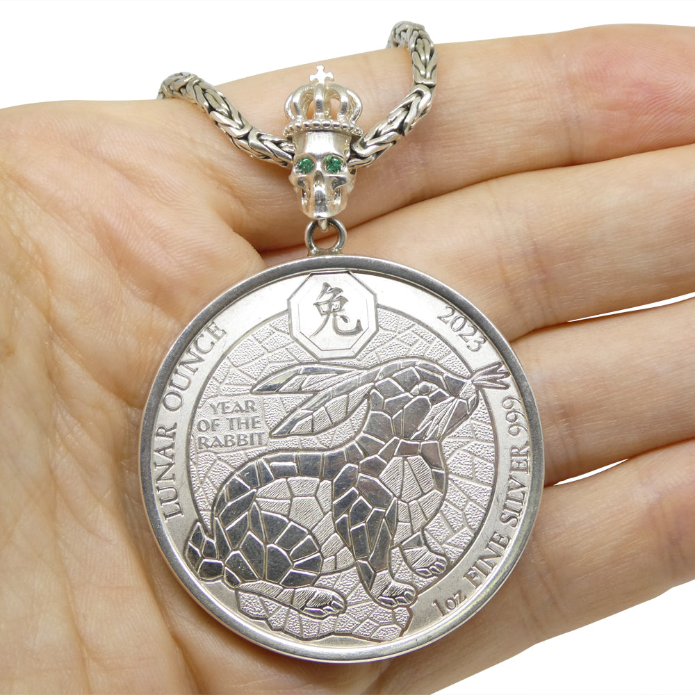 Year of the Rabbit Lunar Ounce Coin Necklace with Emeralds set in Sterling Silver - Skyjems Wholesale Gemstones