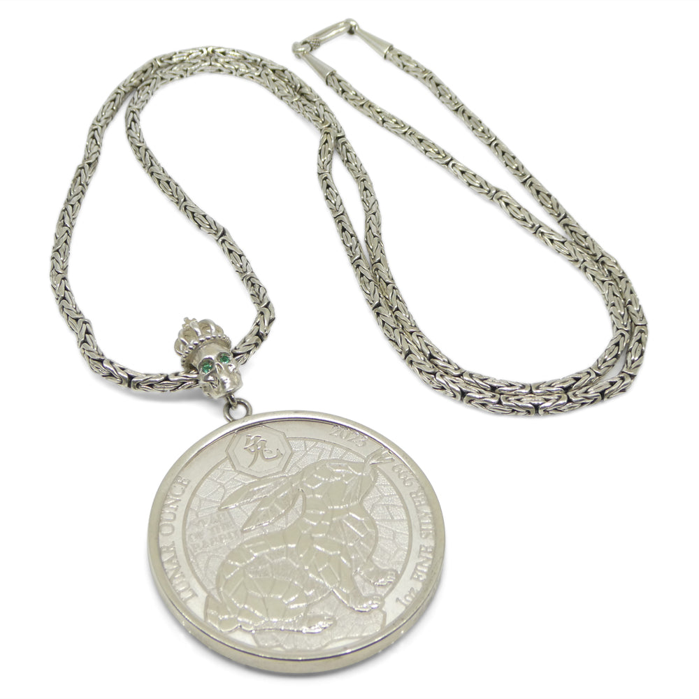 Year of the Rabbit Lunar Ounce Coin Necklace with Emeralds set in Sterling Silver - Skyjems Wholesale Gemstones