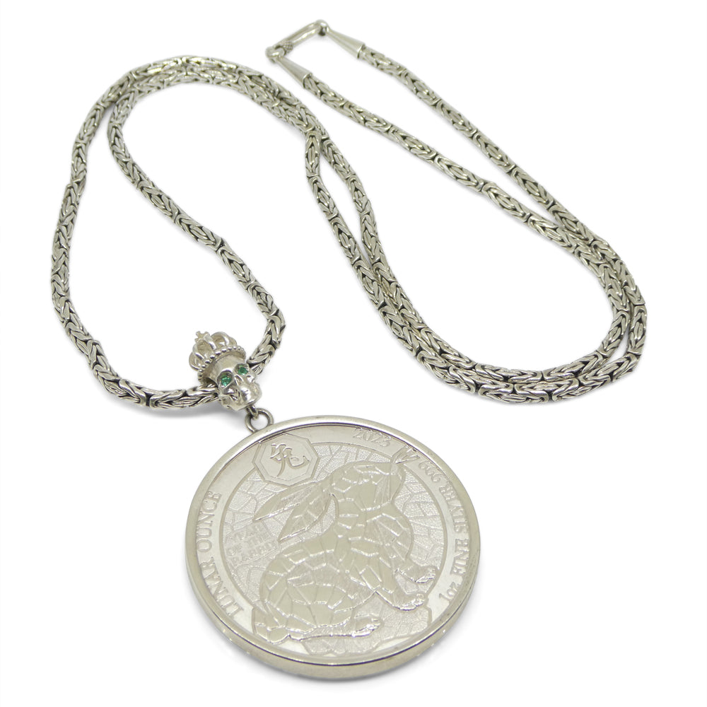 Year of the Rabbit Lunar Ounce Coin Necklace with Emeralds set in Sterling Silver - Skyjems Wholesale Gemstones