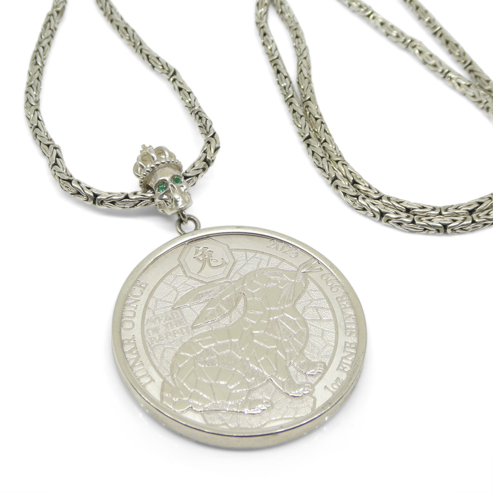 Year of the Rabbit Lunar Ounce Coin Necklace with Emeralds set in Sterling Silver - Skyjems Wholesale Gemstones