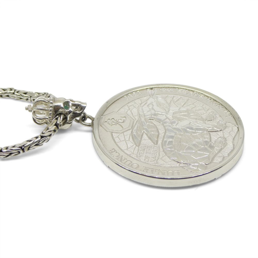 Year of the Rabbit Lunar Ounce Coin Necklace with Emeralds set in Sterling Silver - Skyjems Wholesale Gemstones