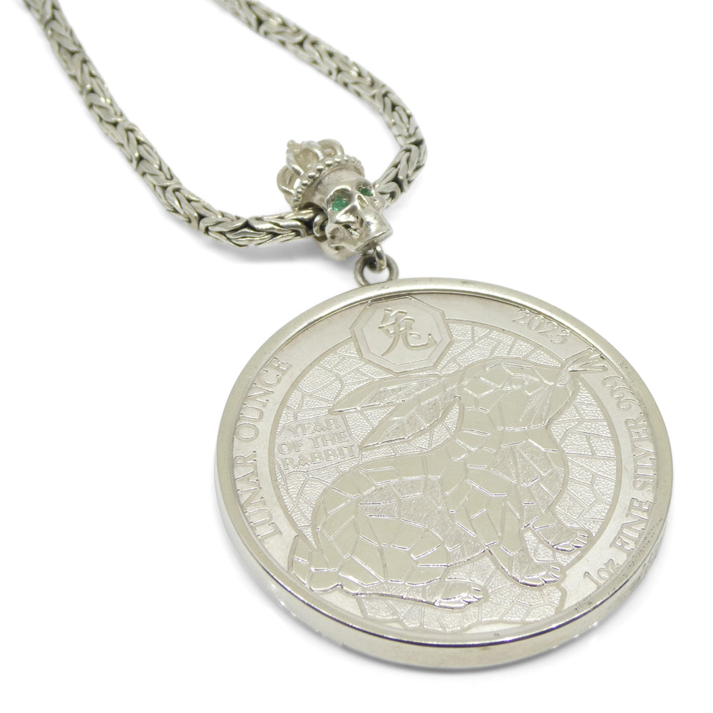 Year of the Rabbit Lunar Ounce Coin Necklace with Emeralds set in Sterling Silver - Skyjems Wholesale Gemstones