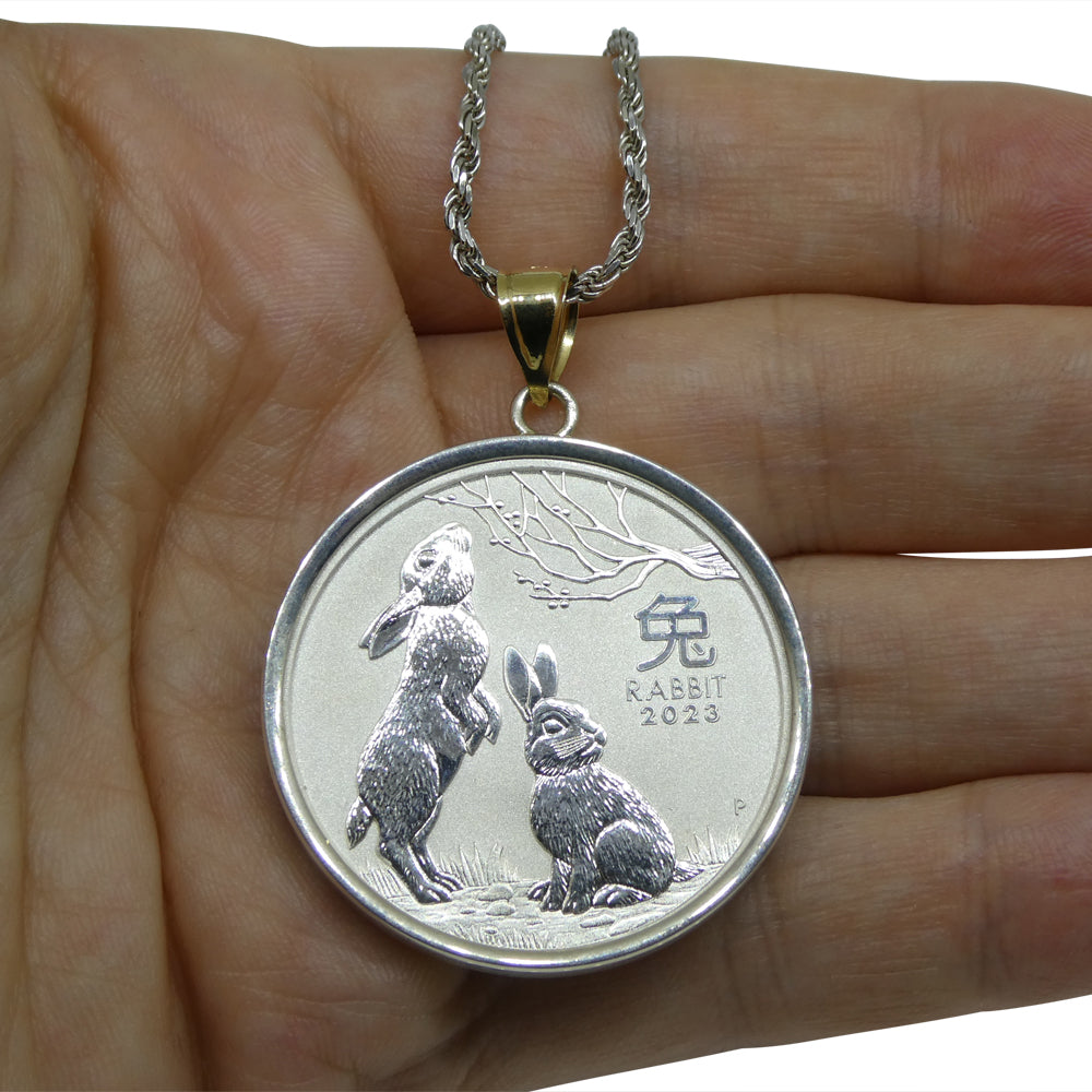 Year of the Rabbit Half Ounce Australian Coin Necklace set in Sterling Silver with a 14k Yellow Gold Bail