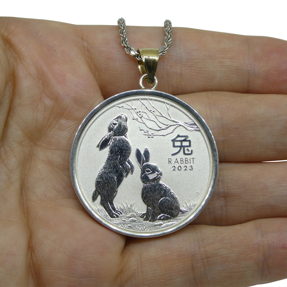 Year of the Rabbit Half Ounce Australian Coin Necklace set in Sterling Silver with a 14k Yellow Gold Bail - Skyjems Wholesale Gemstones