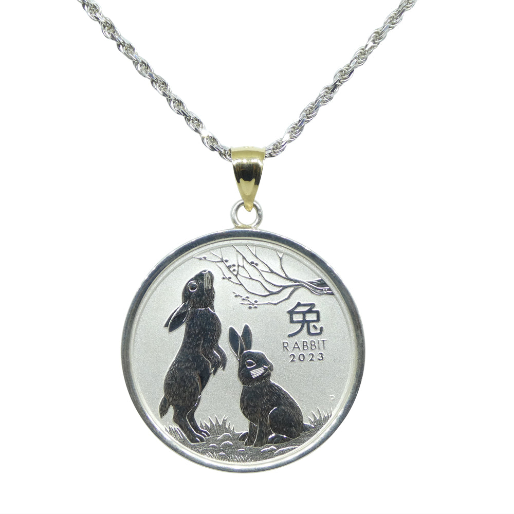 Year of the Rabbit Half Ounce Australian Coin Necklace set in Sterling Silver with a 14k Yellow Gold Bail - Skyjems Wholesale Gemstones