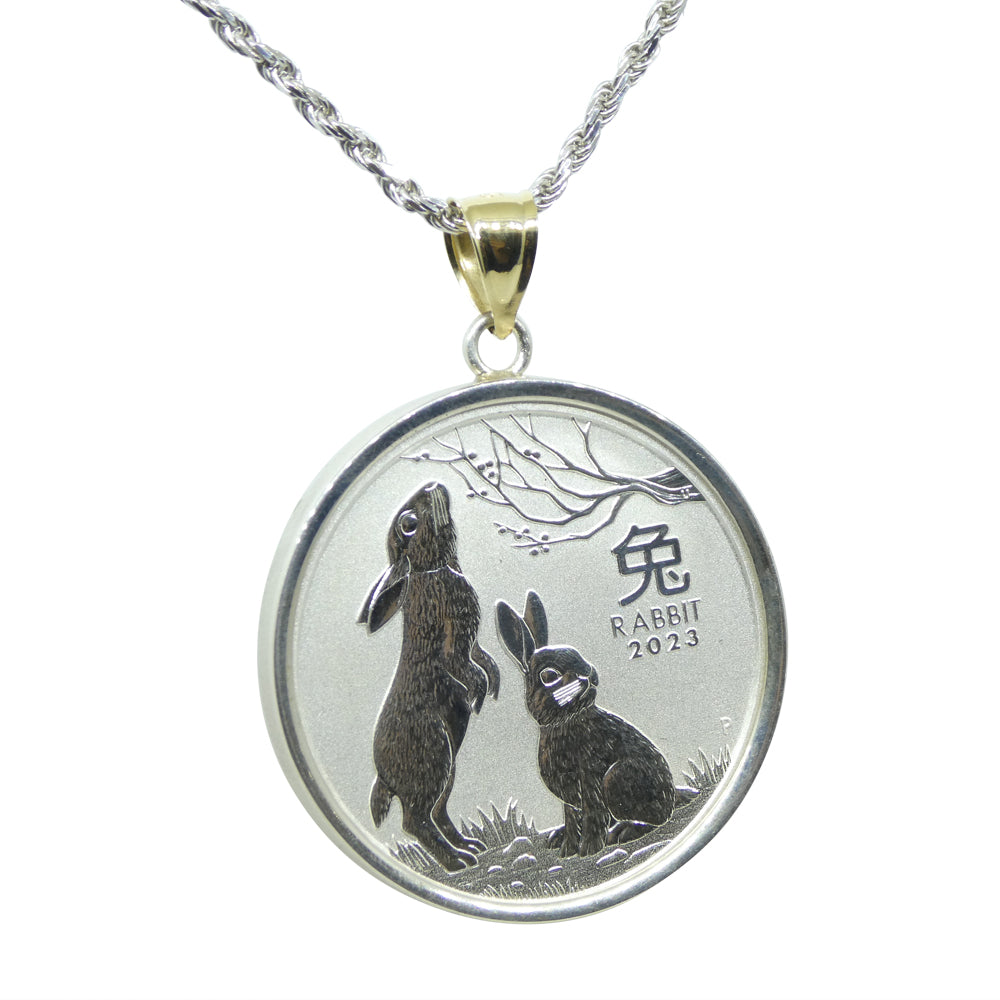 Year of the Rabbit Half Ounce Australian Coin Necklace set in Sterling Silver with a 14k Yellow Gold Bail - Skyjems Wholesale Gemstones