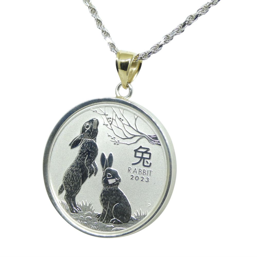 Year of the Rabbit Half Ounce Australian Coin Necklace set in Sterling Silver with a 14k Yellow Gold Bail - Skyjems Wholesale Gemstones