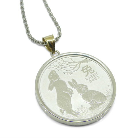 Year of the Rabbit Half Ounce Australian Coin Necklace set in Sterling Silver with a 14k Yellow Gold Bail