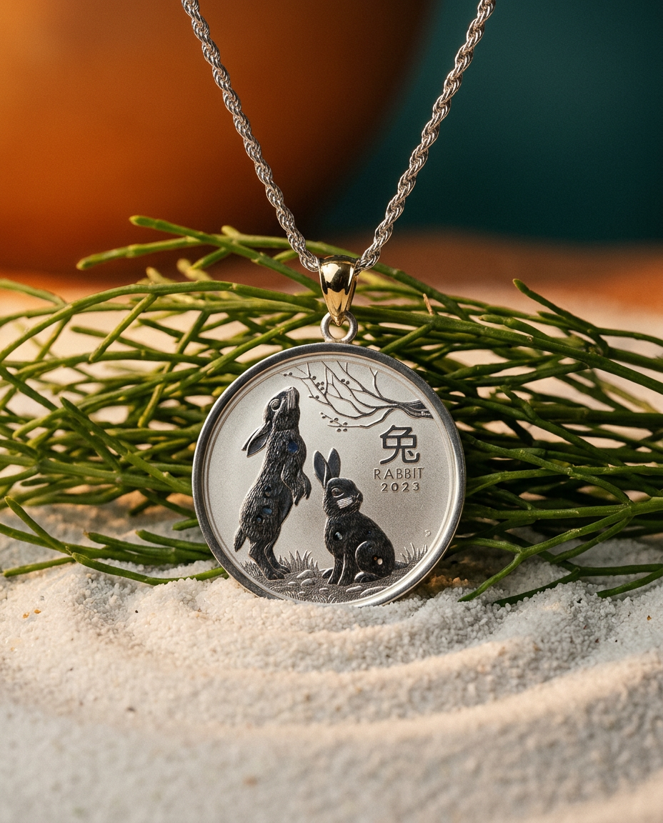 SkyJems Australian Year of the Rabbit Silver Coin Pendant with 14k Yellow Gold Bail, Lunar Zodiac Jewelry