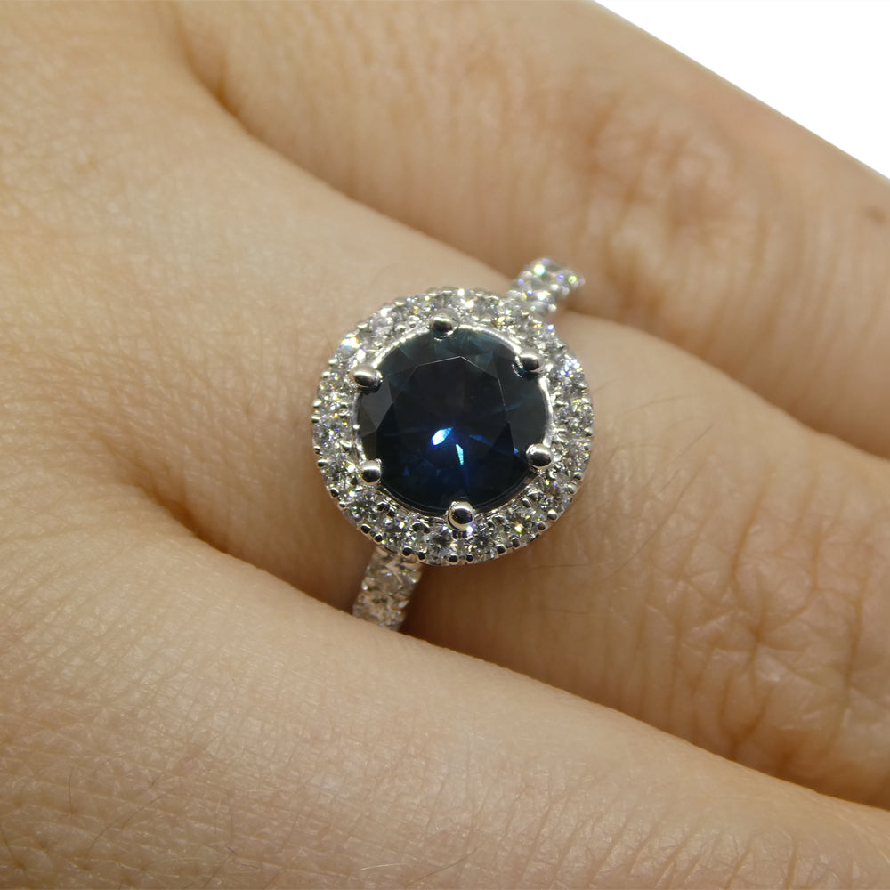 1.33ct Round Teal Blue Sapphire, Diamond Halo Engagement Ring set in 18k White Gold, IGI Certified - Skyjems Wholesale Gemstones