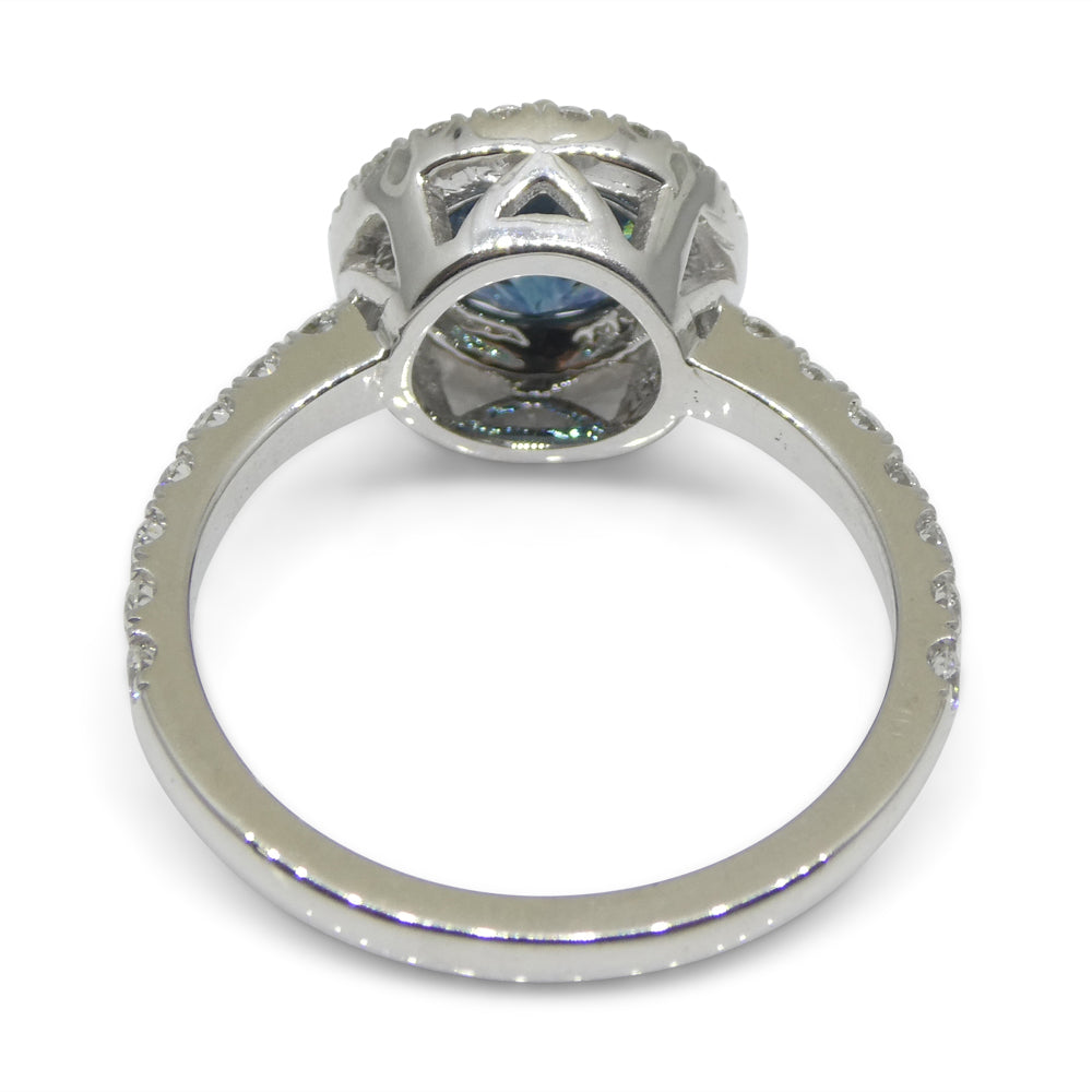 1.33ct Round Teal Blue Sapphire, Diamond Halo Engagement Ring set in 18k White Gold, IGI Certified - Skyjems Wholesale Gemstones