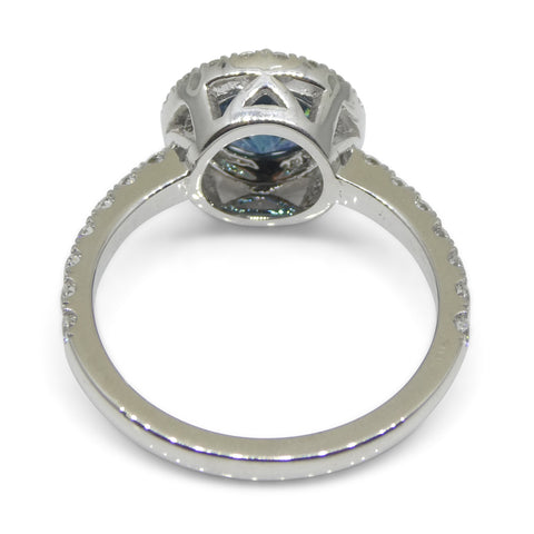 1.33ct Round Teal Blue Sapphire, Diamond Halo Engagement Ring set in 18k White Gold, IGI Certified