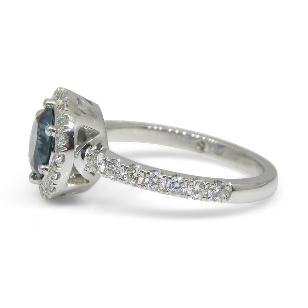 1.33ct Round Teal Blue Sapphire, Diamond Halo Engagement Ring set in 18k White Gold, IGI Certified - Skyjems Wholesale Gemstones