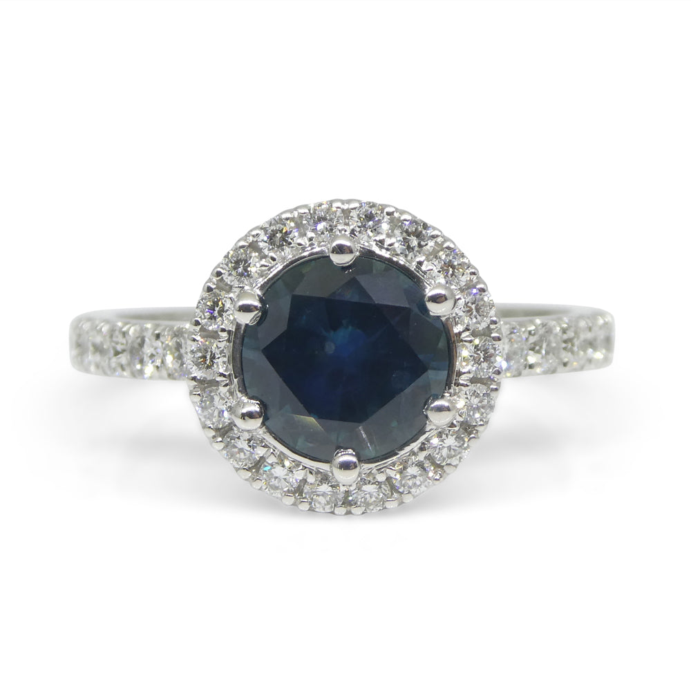 1.33ct Round Teal Blue Sapphire, Diamond Halo Engagement Ring set in 18k White Gold, IGI Certified - Skyjems Wholesale Gemstones