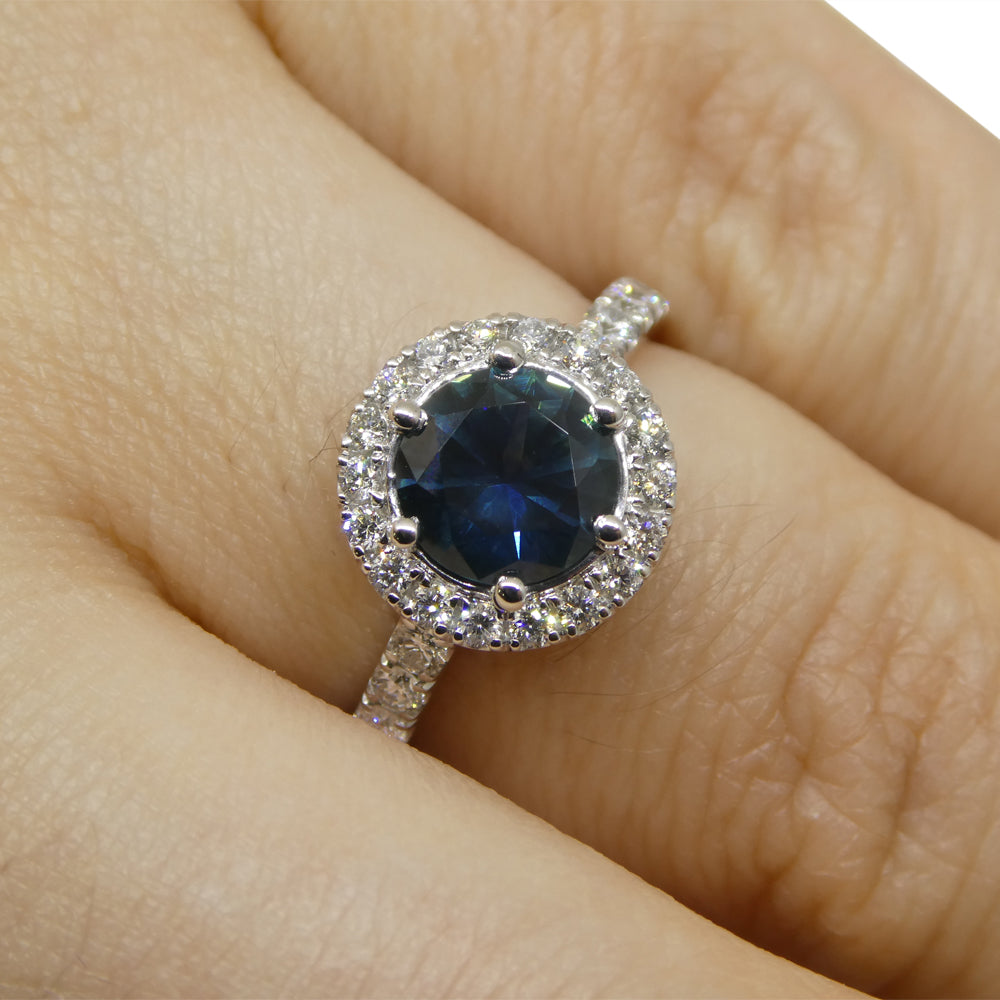 1.33ct Round Teal Blue Sapphire, Diamond Halo Engagement Ring set in 18k White Gold, IGI Certified - Skyjems Wholesale Gemstones