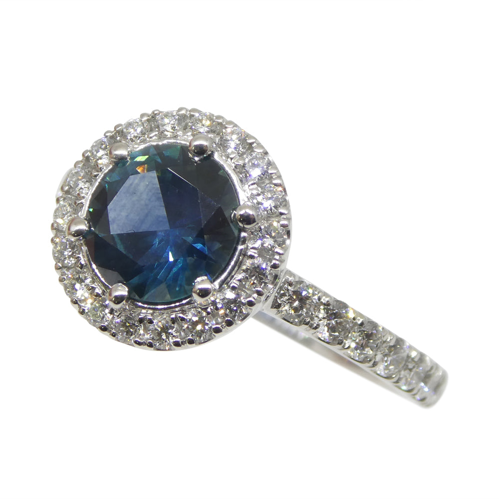 1.33ct Round Teal Blue Sapphire, Diamond Halo Engagement Ring set in 18k White Gold, IGI Certified - Skyjems Wholesale Gemstones